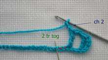 Work ch 2. Skip 2 ch, 2 tr together in 3rd ch.