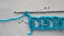 2 tr together at the end of row. Work ch 3. Enter hook as the needle, 6 double crochet (dc) in first tr around.