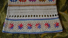 Join motifs in the cord in the same way as the top of tunic. When all motifs joined, I edging them with ch-3-arches and join them to the ch-3-arches of the fabric. Similarly edging other side of these 13 motifs with ch-3-arches.