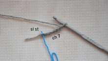 Chain (ch) 7. Join with slip stitch (sl st) to form a ring.
