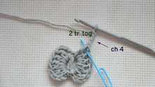Work ch 4. 2 treble crochet (tr) together in marked space.