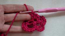 Ch, double crochet (dc), 3 treble crochet (tr), dc, ch, sl st between scs of 1st arch (petal made).