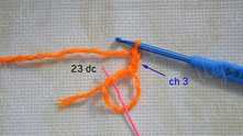 Round 1. Work chain (ch) 3. 23 double crochet (dc) in the ring.