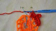 1 dc (pink marker), 3 dc (blue marker).