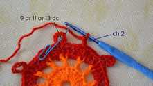 Round 4. Work ch 2. 9, 11 or 13 dc all in the picot (depending on the thickness of the yarn).