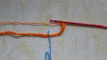 Row 1. Skip 6 ch. Single crochet (sc) in 7th ch (blue marker).