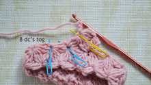 2 unfinished dc tog (yellow clip), 3 unfinished dc tog (blue clip) two times.