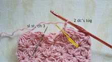 Ch 3, 2 unfinished dc (yellow clip), join the row with sl st in needle marked space (6 loops in beg of row).