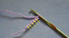 For the sample, this means, you need to chain 6 and crochet 5 single crochets (US) into each chain, starting with the second from the hook.