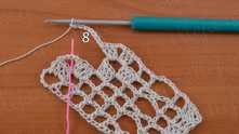 Work ch 8. (3 dc, ch 2, 3 dc) all in arch on the second butterfly wing.