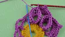 And now again 5 dc, picot, 5 dc in the next arch (blue marker).