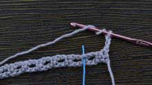 Treble crochet (tr) in the marked dc (blue marker).