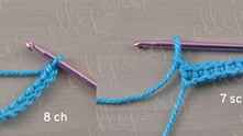 Work elastic band with deep blue yarn. Work 8 chain (ch). 7 single crochet (sc). Ch 1. Turn.