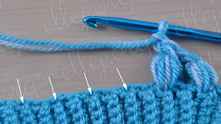 Ch 1. Work puff stitches as above. It turns out that we work puff stitches in each 4th sc.