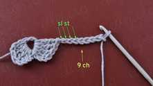 Movement to the next flower always is: ch 9 and 4 sl st (count 4 sl st as first tr in petal).