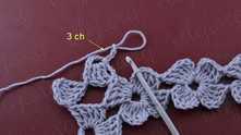 Work ch 3. Pull off yarn from the hook. Insert hook in the loop at corner of the next petal of the same flower in the previous row. Yarn over and pull loop.