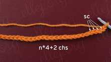 Chain (ch) a multiple of 4 + 2. 4 single crochet (sc), starting from 2-nd ch of the hook.