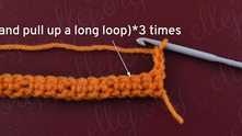 Row 2. Make puff stitch. Yarn over and pull up a long loop in sc.