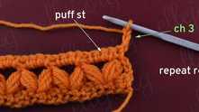 Work ch 3. Turn. Row 4 = row 2. Puff stitch in 3-th st.