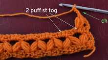 Work ch 3. 2 puff stitch together in the marked scs.