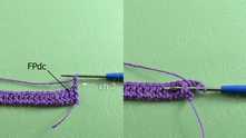 Row 2. Making crochet stripe with turning rows. Work ch 2. Front Post double crochet (FPdc) in next dc around.