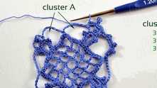 Cluster A: ((3 sc, ch 3) * 3 times + 3 sc) all in each ch-9 around.