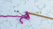 Start with a magic ring (or join chain (ch) 6 in ring). Work ch 3. 11 double crochets (dc) in the ring.