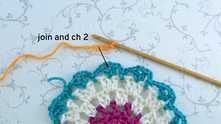 Join the orange thread to any V-stitch. Ch 2.