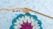 Dc in same V-stitch, ch 2.