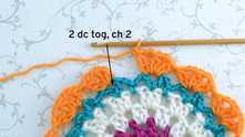 2 dc tog in the first V-stitch, ch 2.
