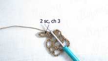 Make first сh-3 picot. 2 single crochet (sc) in the formed ring around, ch 3.