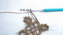 Sl st in the second picot. Work ch 8.