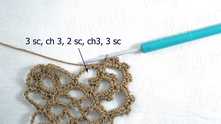 (3 sc, ch 3, 2 sc, ch 3, 3 sc) all in this ch-7 chain around.