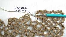 3 sc, picot, 2 sc in this chain around. Work ch 1.