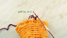 Puff stitch in the top of same dc (2 half double crochet (hdc) for first Puff stitch, 3 hdc for all other Puff stitches).