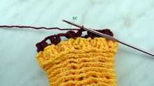 Join row with sc in the top of first Puff stitch.