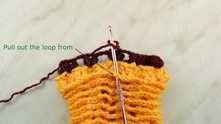 Row 2. First remove loop from the hook. Then insert the hook under a chain of next row on a frame, grab the loop and pull it out.
