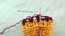 Row 4. Insert the hook under a chain of next row on a frame, grab the loop and pull it out. Work ch 2.