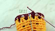 Row 6. Sl st under the chain on the frame and space between clusters. Shift spikelets. Ch 2. First Puff stitch in same space, ch 2.