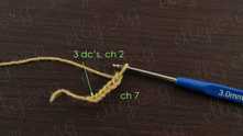 Row 1. Work chain (ch) 7. 3 double crochet (dc) in the first ch, ch 2.
