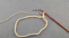 Chain (ch) a multiple of 5. Work n*5 ch. Join to the ring with slip stitch (sl st), ch 3. Row 1. 4 double crochet (dc) in same ch as sl st.