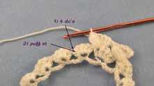 * 4 dc, 1 puff stitch. Repeat from * to the end of the row.