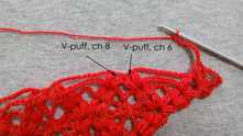 V-puff st, ch 6, V-puff st, 8 ch.