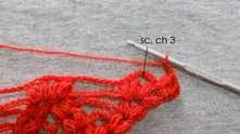 Single crochet (sc) in space around, ch 3.