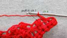 Work ch 4. Puff st in the V-puff st, ch 1.