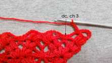 Double crochet (dc) in the middle sc, ch 3.