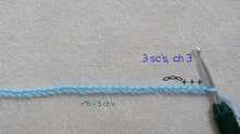 Chain (ch) a multiple of 6 plus 5. 3 single crochet (3c) in the 2, 3, 4 ch from hook, ch 3.