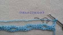 Make shell (3 double crochet (dc), ch 2, 3 dc) all in each arch. Ch 3 after shell.