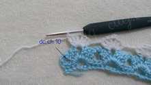Dc in the marked space, ch 10, turn, and go back to the blue thread.