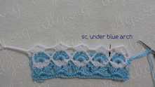 Again wrap white shells, so they do not interfere. Sc in the blue chain around.
